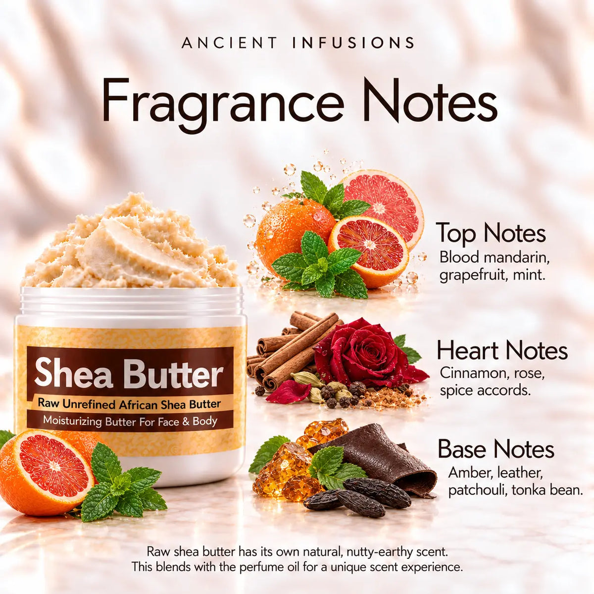 Paco Rabanne One Million-inspired shea butter fragrance notes: blood mandarin, grapefruit and mint; cinnamon, rose and spice accords; amber, leather, patchouli and tonka bean.