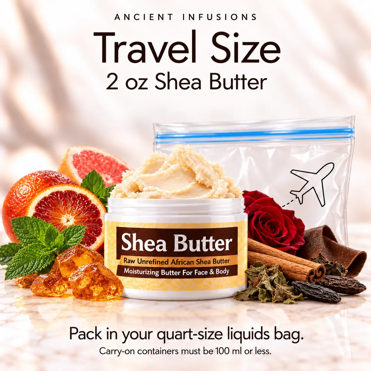 Two-ounce Paco Rabanne One Million-inspired shea butter with quart-size liquids bag and carry-on packing guidance.