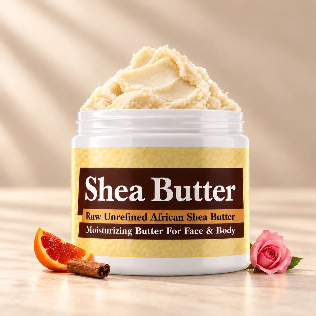 Paco Rabanne One Million Shea Butter in an open white jar with textured ivory shea butter and simple scent accents on a soft cream background.