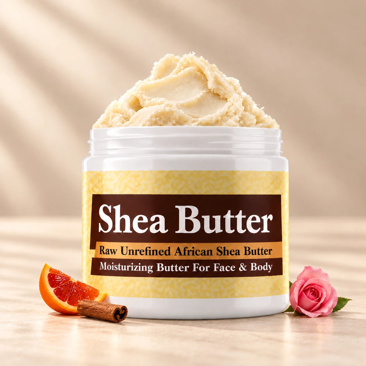 Paco Rabanne One Million Shea Butter in an open white jar with textured ivory shea butter and simple scent accents on a soft cream background.