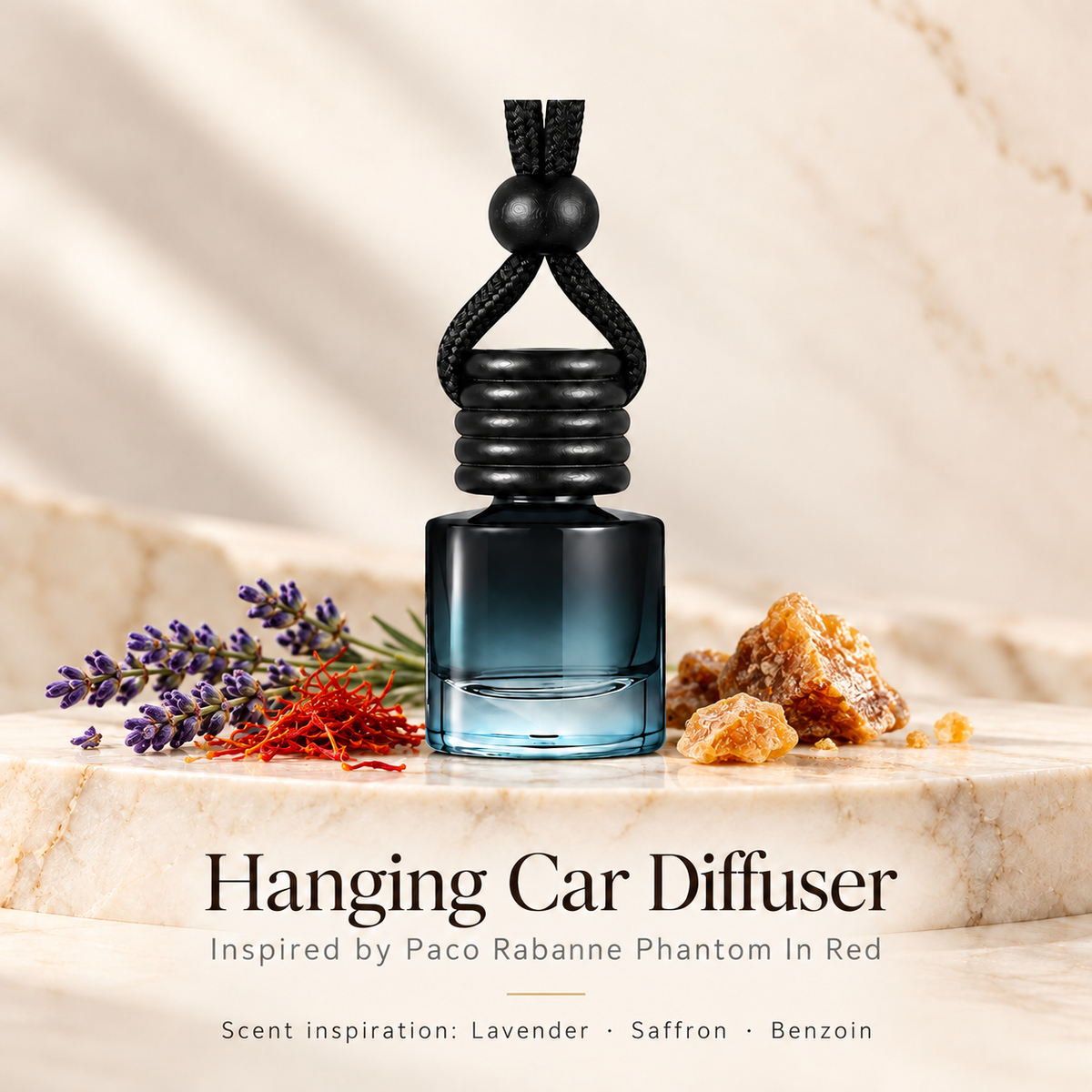 Hanging car diffuser inspired by Paco Rabanne Phantom In Red, with scent illustrations on warm ivory stone