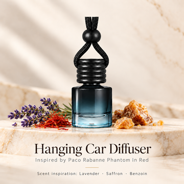 Hanging car diffuser inspired by Paco Rabanne Phantom In Red, with scent illustrations on warm ivory stone