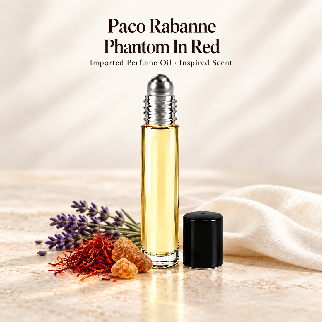 Paco Rabanne Phantom In Red Perfume Oil with minimal scent note accents on soft ivory
