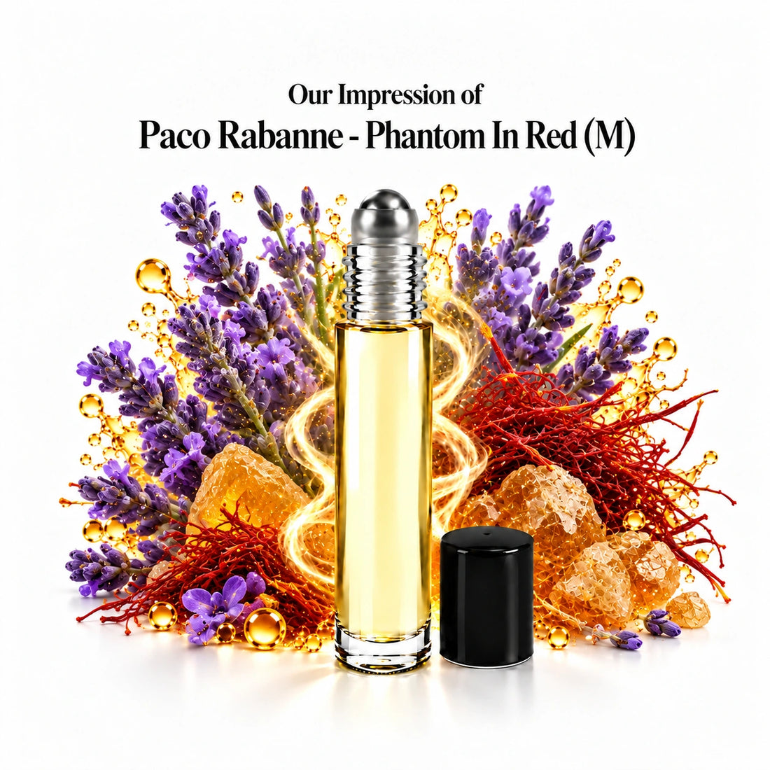 Our impression of Paco Rabanne Phantom In Red perfume oil with fragrance notes on white