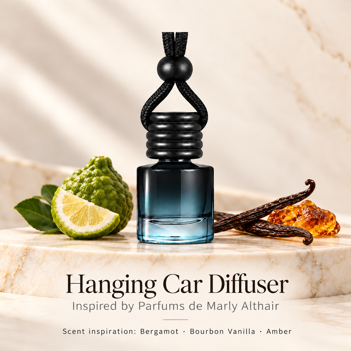Hanging car diffuser inspired by Parfums de Marly Althair, with scent illustrations on warm ivory stone