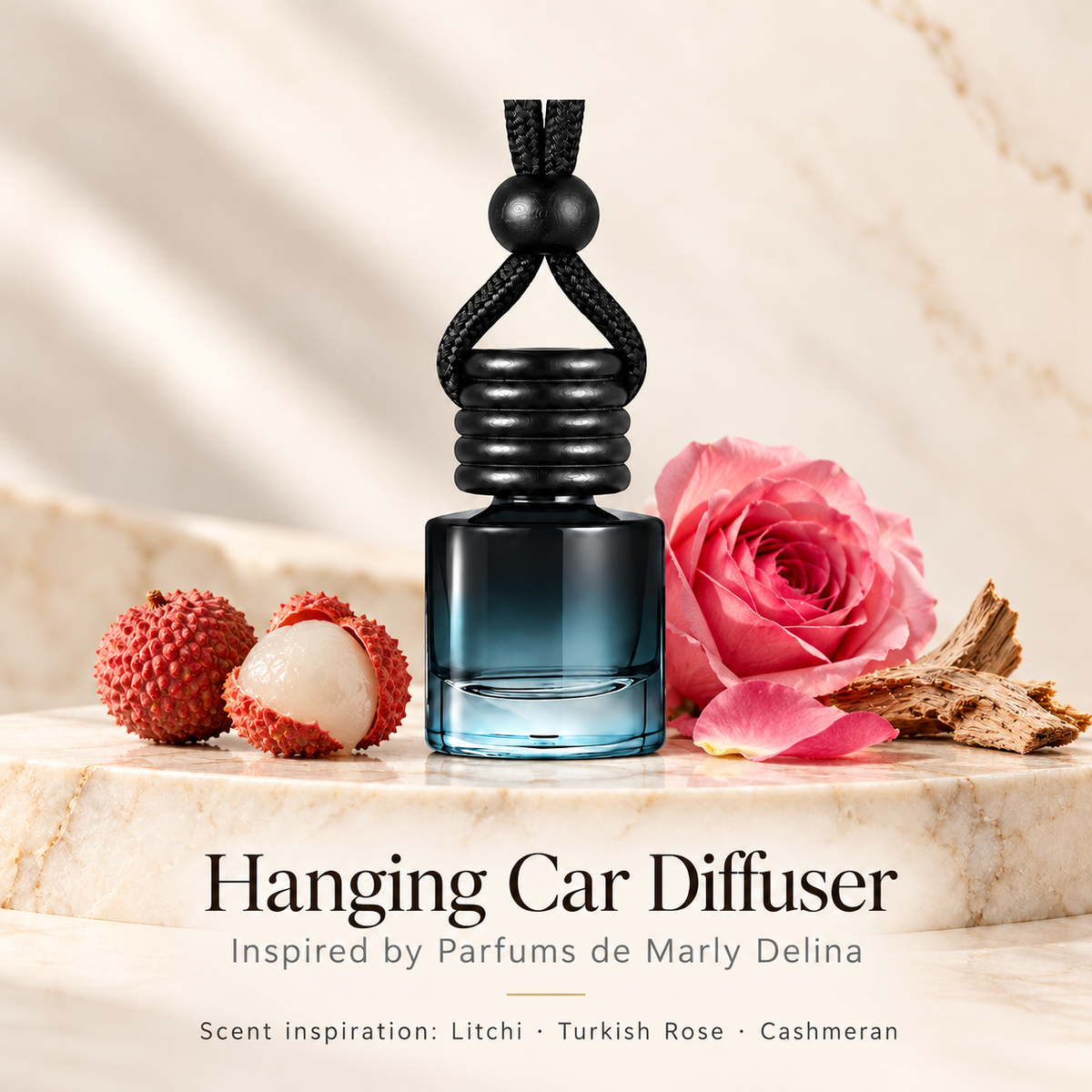 Hanging car diffuser inspired by Parfums de Marly Delina, with scent illustrations on warm ivory stone