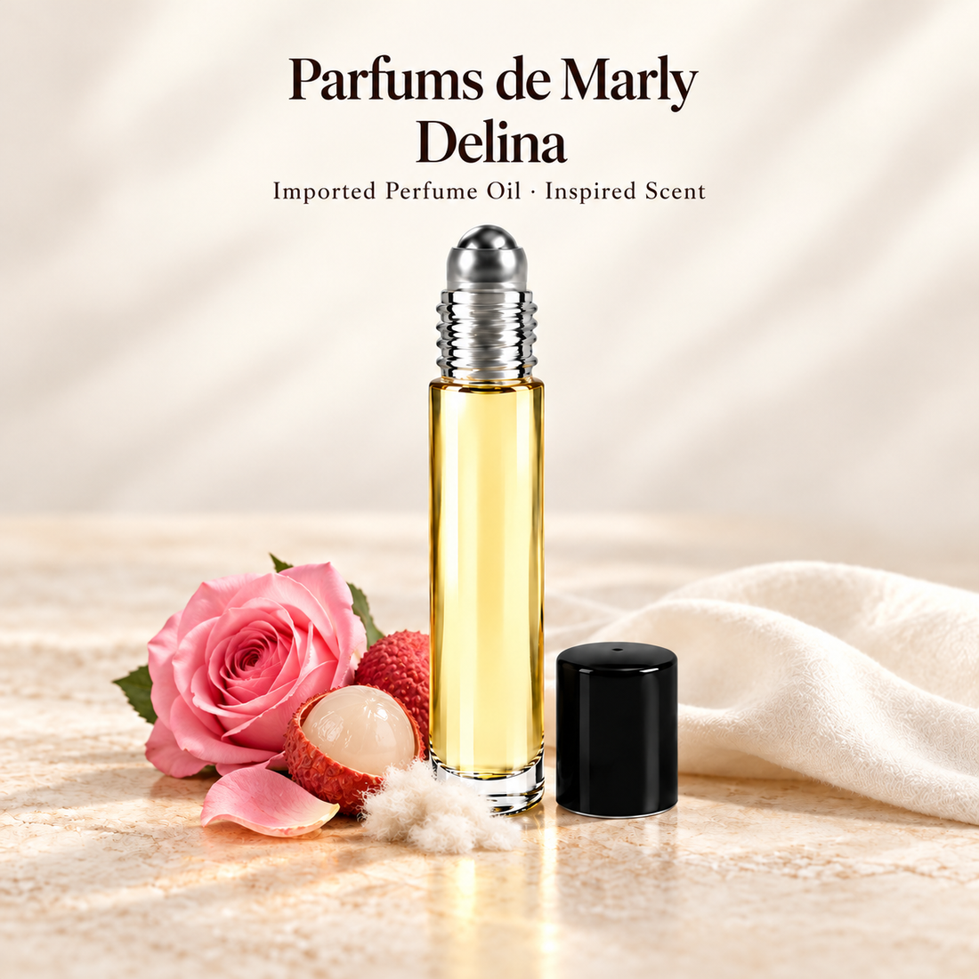 Parfums de Marly Delina Perfume Oil with minimal scent note accents on soft ivory