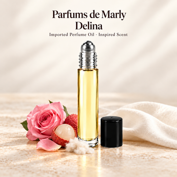 Parfums de Marly Delina Perfume Oil with minimal scent note accents on soft ivory
