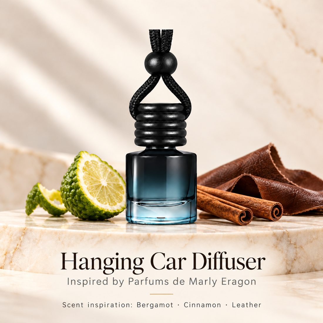 Hanging car diffuser inspired by Parfums de Marly Eragon, with scent illustrations on warm ivory stone