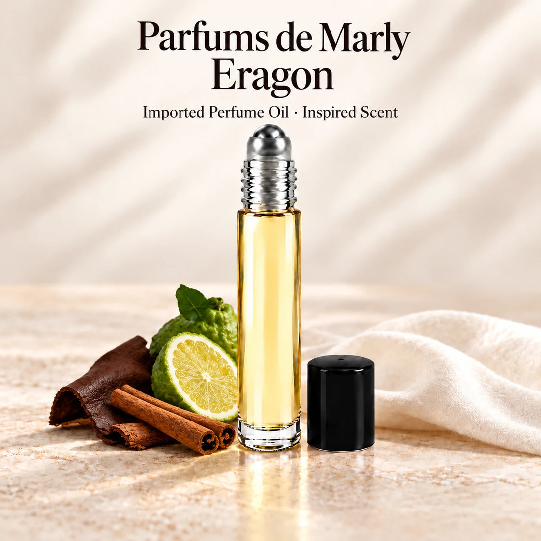 Parfums de Marly Eragon Perfume Oil in a slim glass roll-on bottle with a silver roller and black cap on an ivory stone surface.