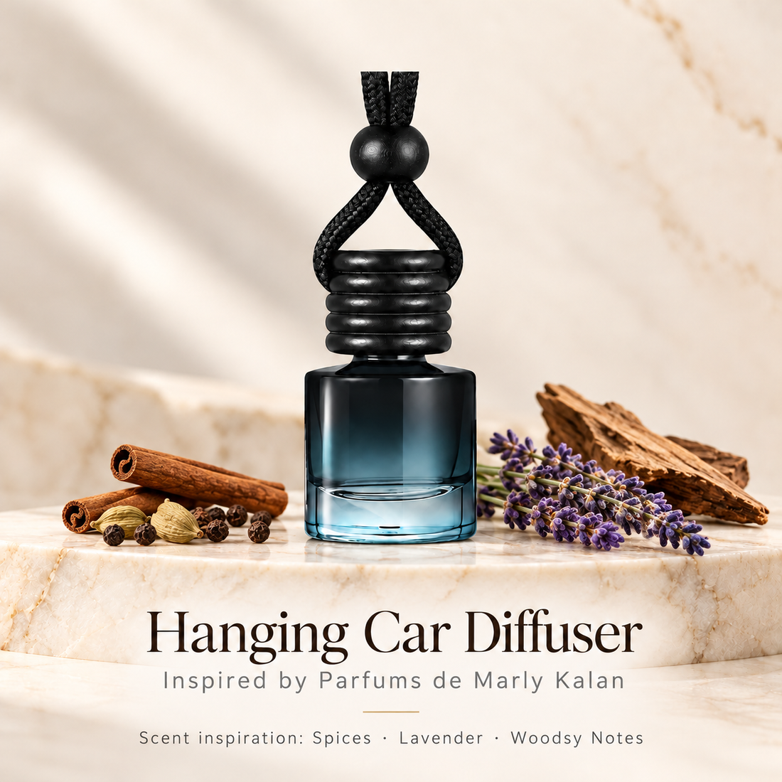 Hanging car diffuser inspired by Parfums de Marly Kalan, with scent illustrations on warm ivory stone