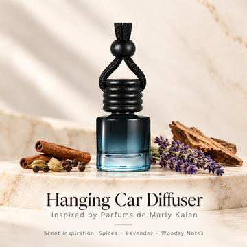Hanging car diffuser inspired by Parfums de Marly Kalan, with scent illustrations on warm ivory stone