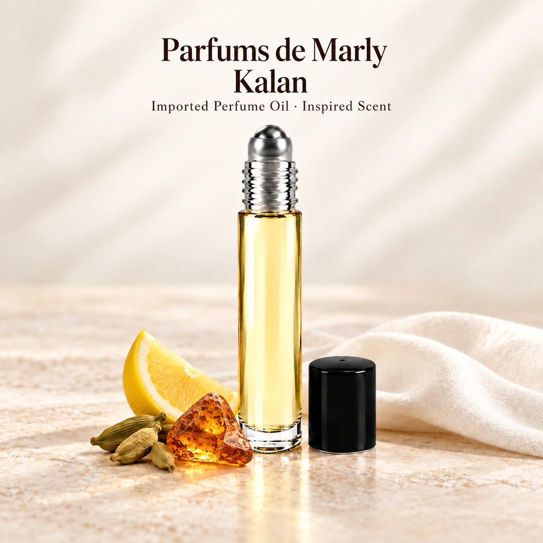 Parfums de Marly Kalan Perfume Oil with minimal scent note accents on soft ivory