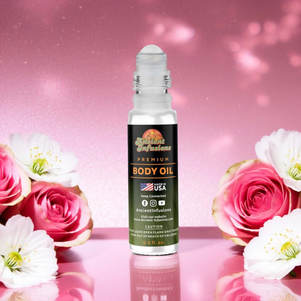 Paris Hilton Pink Rush Inspired Body Oil bottle with floral background