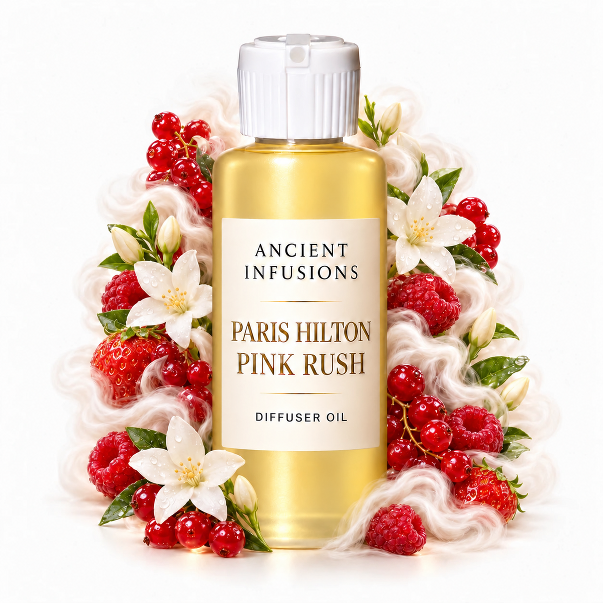 Paris Hilton Pink Rush Diffuser Oil by Ancient Infusions with golden oil, white cap and matching scent artwork