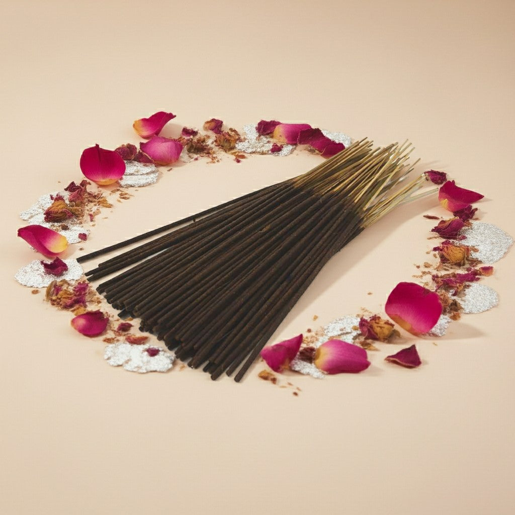 Paris Hilton Pink Rush Inspired Incense Sticks with pink and silver decorative elements on a beige background