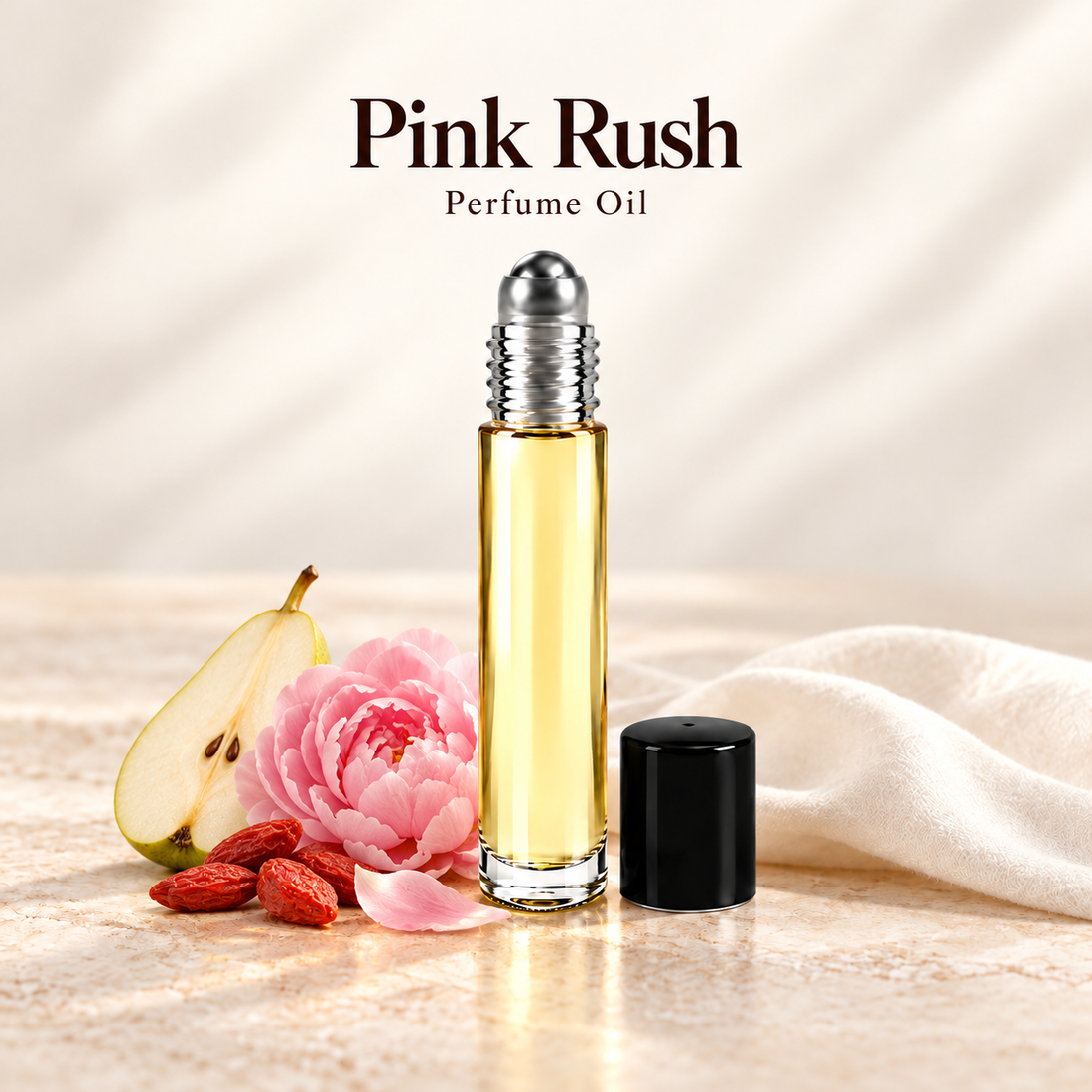 Paris Hilton Pink Rush Perfume Oil with simple scent note accents on soft ivory