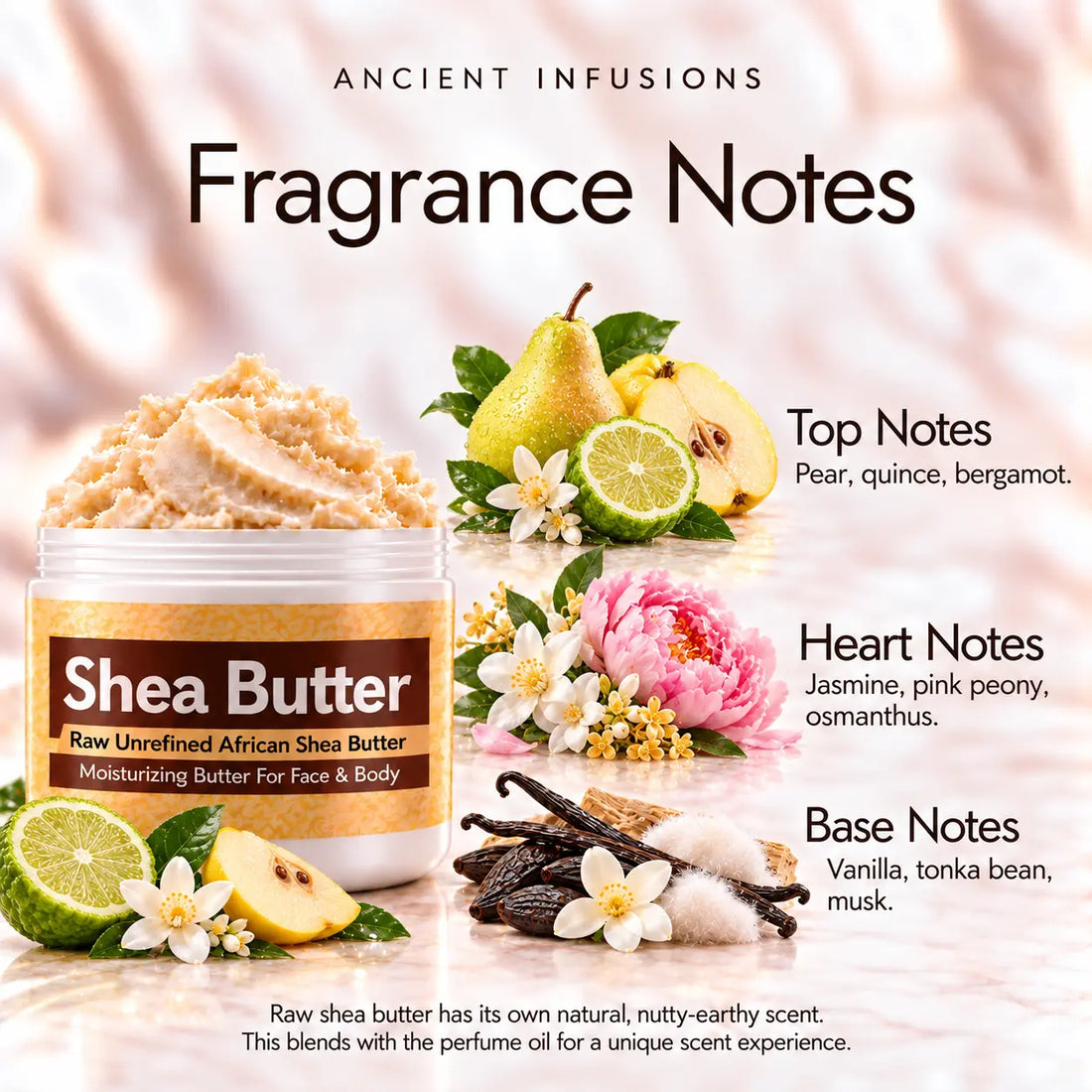 Paris Hilton Pink Rush Shea Butter in an open white jar with textured ivory shea butter and subtle scent accents on a soft cream background.