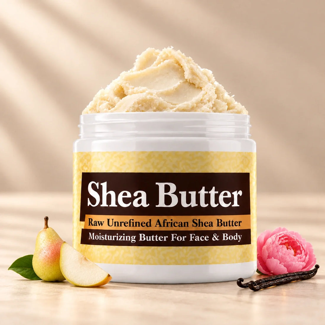 Paris Hilton Pink Rush Shea Butter in an open white jar with textured ivory shea butter and subtle scent accents on a soft cream background.