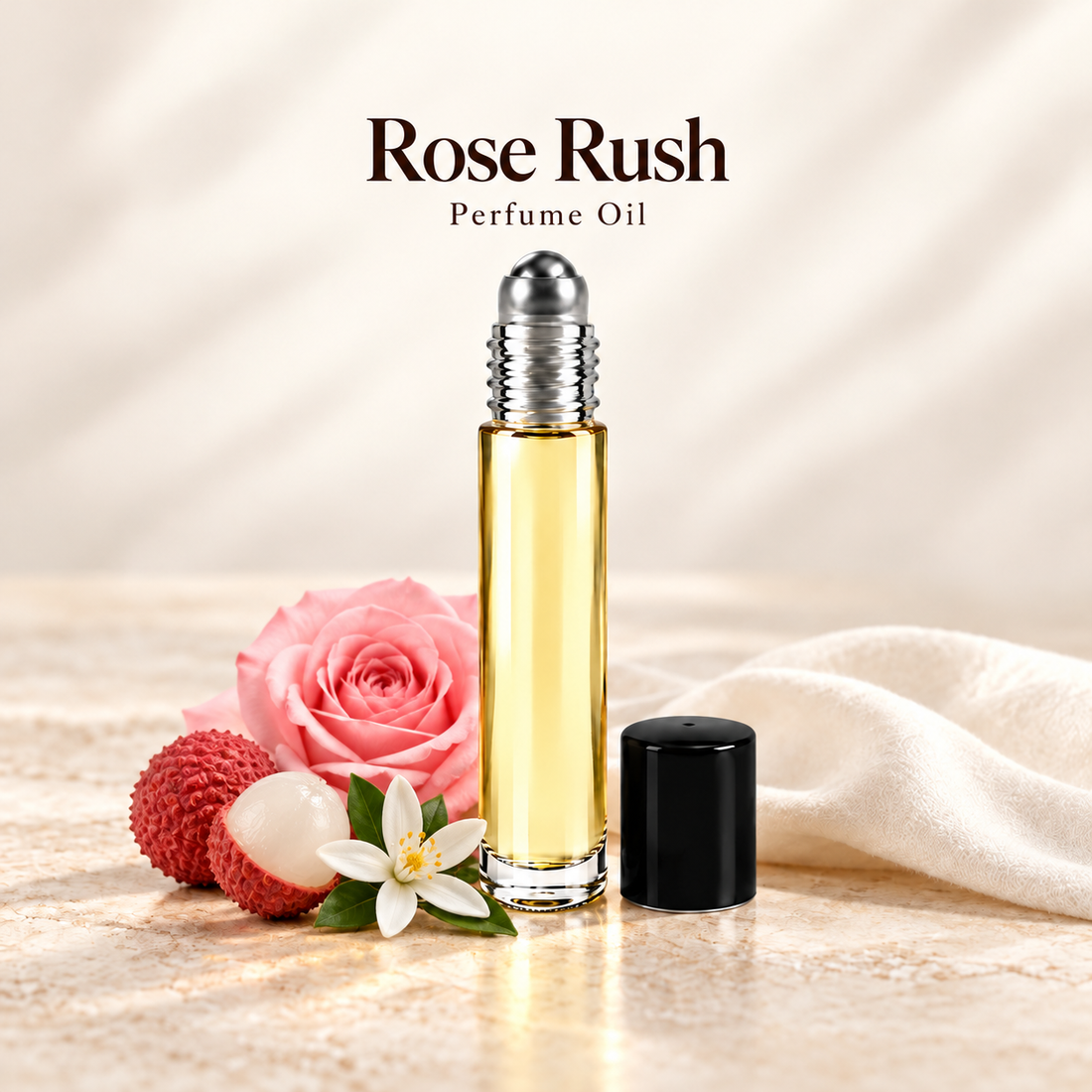 Paris Hilton Rose Rush Perfume Oil with simple scent note accents on soft ivory