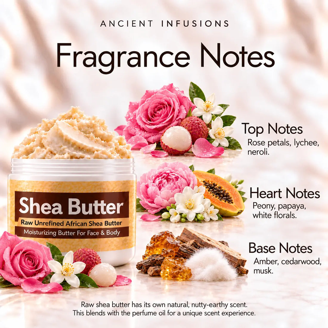 Paris Hilton Rose Rush Shea Butter in an open white jar with textured ivory shea butter and simple scent accents on a soft cream background.