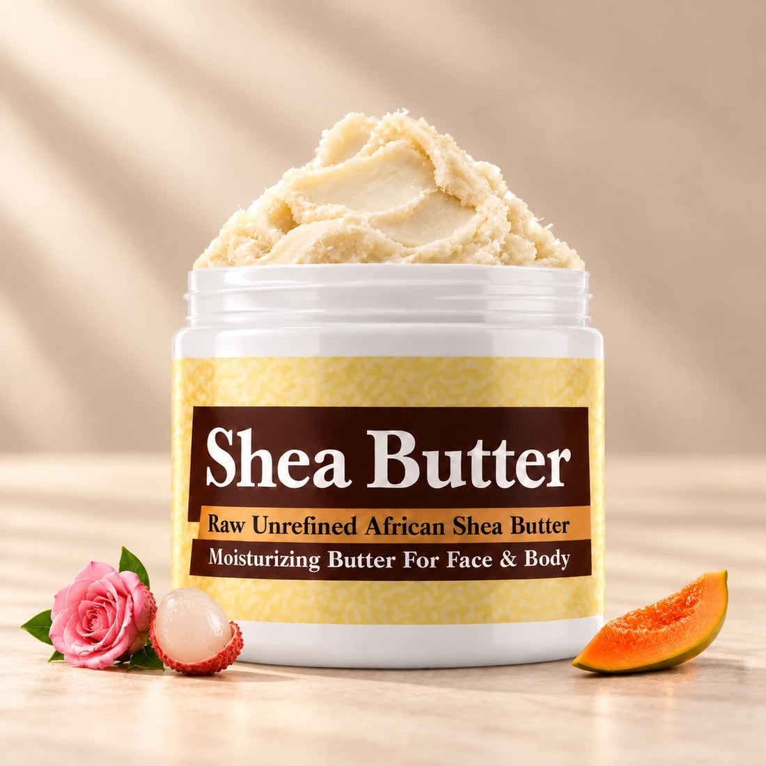 Paris Hilton Rose Rush Shea Butter in an open white jar with textured ivory shea butter and simple scent accents on a soft cream background.