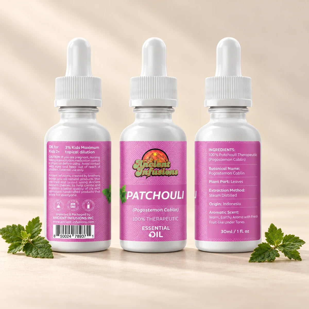 Ancient Infusions Patchouli Essential Oil front and side label views on an ivory background.