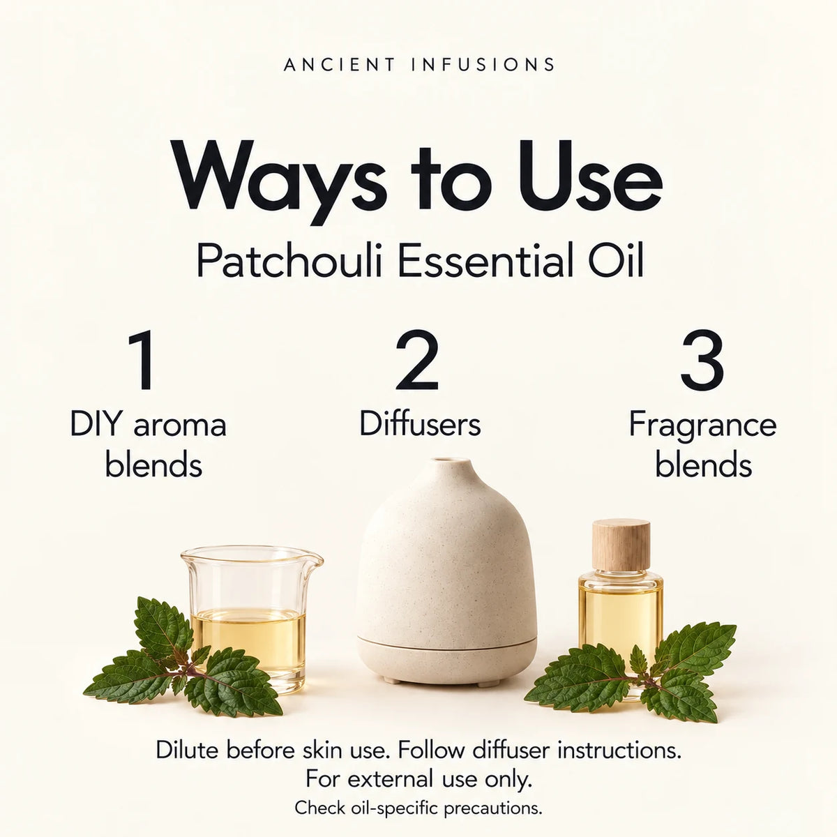 Patchouli Essential Oil uses: DIY aroma blends, diffusers and fragrance blends. Dilute before skin use; follow diffuser instructions; check oil-specific precautions.