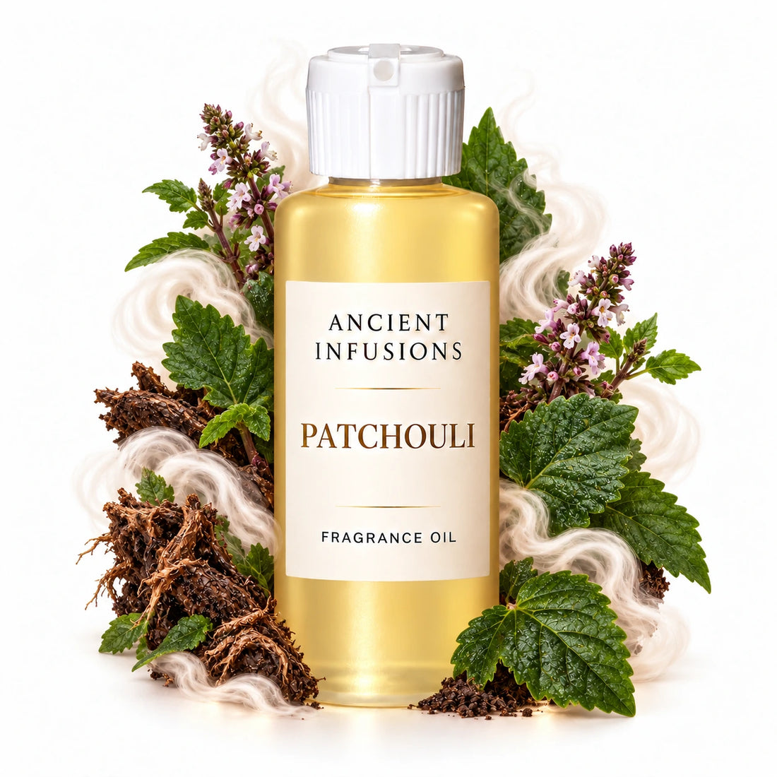 Patchouli fragrance oil by Ancient Infusions, with pale yellow oil and a tight halo representing earthy herbs, patchouli leaf, musk.