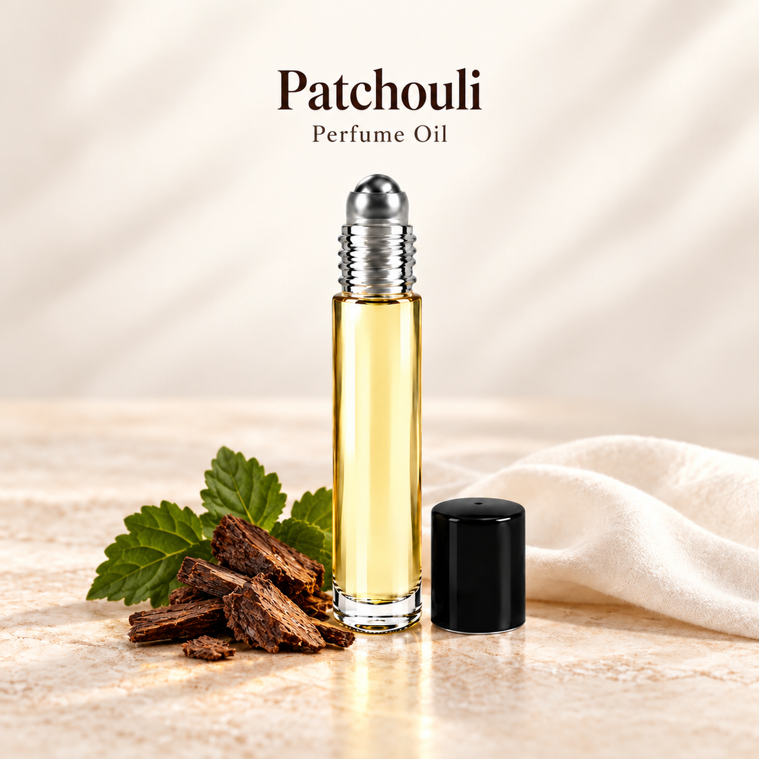 Patchouli Perfume Oil with simple scent note accents on soft ivory