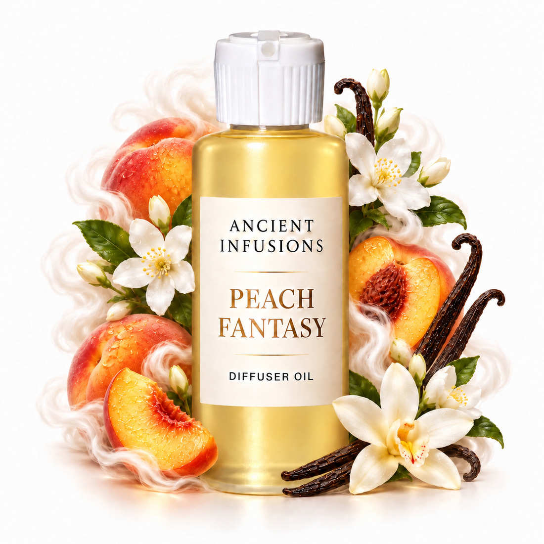 Peach Fantasy Diffuser Oil by Ancient Infusions with golden oil, white cap and matching scent artwork