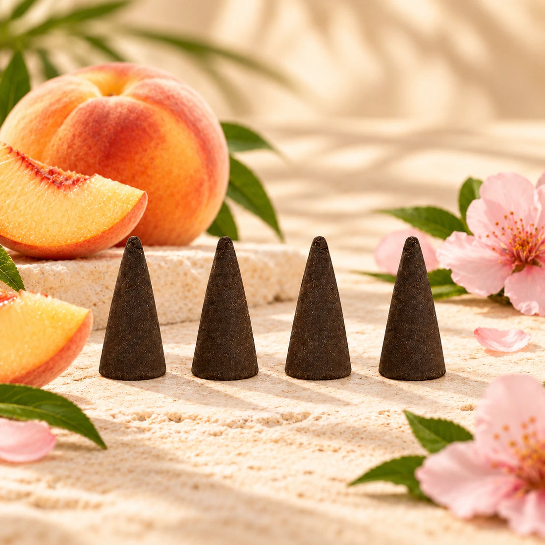 Peach Fantasy Incense Cones on cream stone.