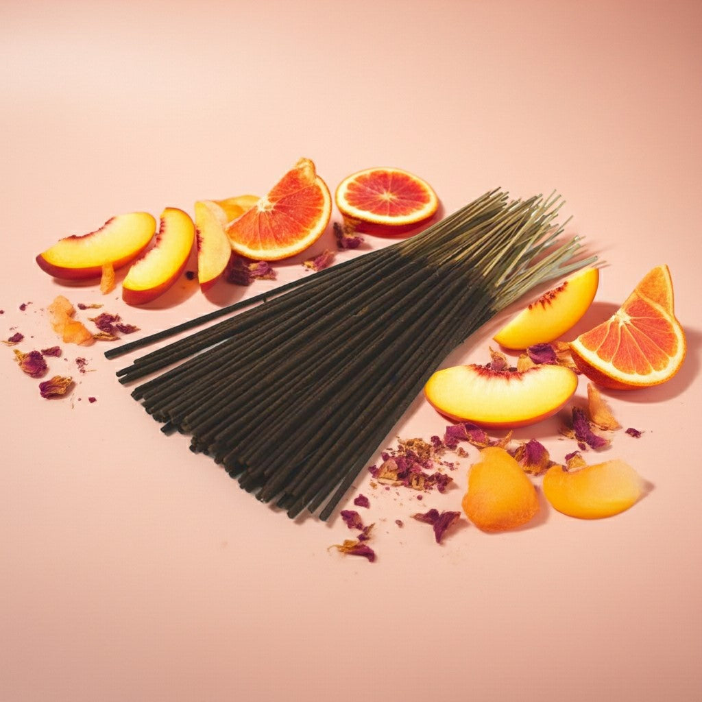 Peach Fantasy Incense Sticks surrounded by sliced peaches and oranges on a pink background
