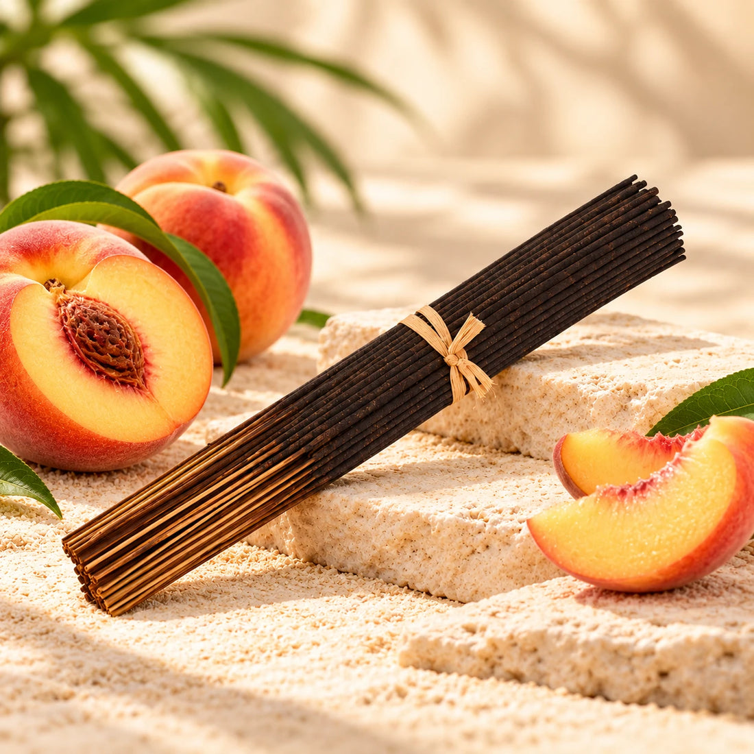 Peach Fantasy Incense Sticks on cream stone.