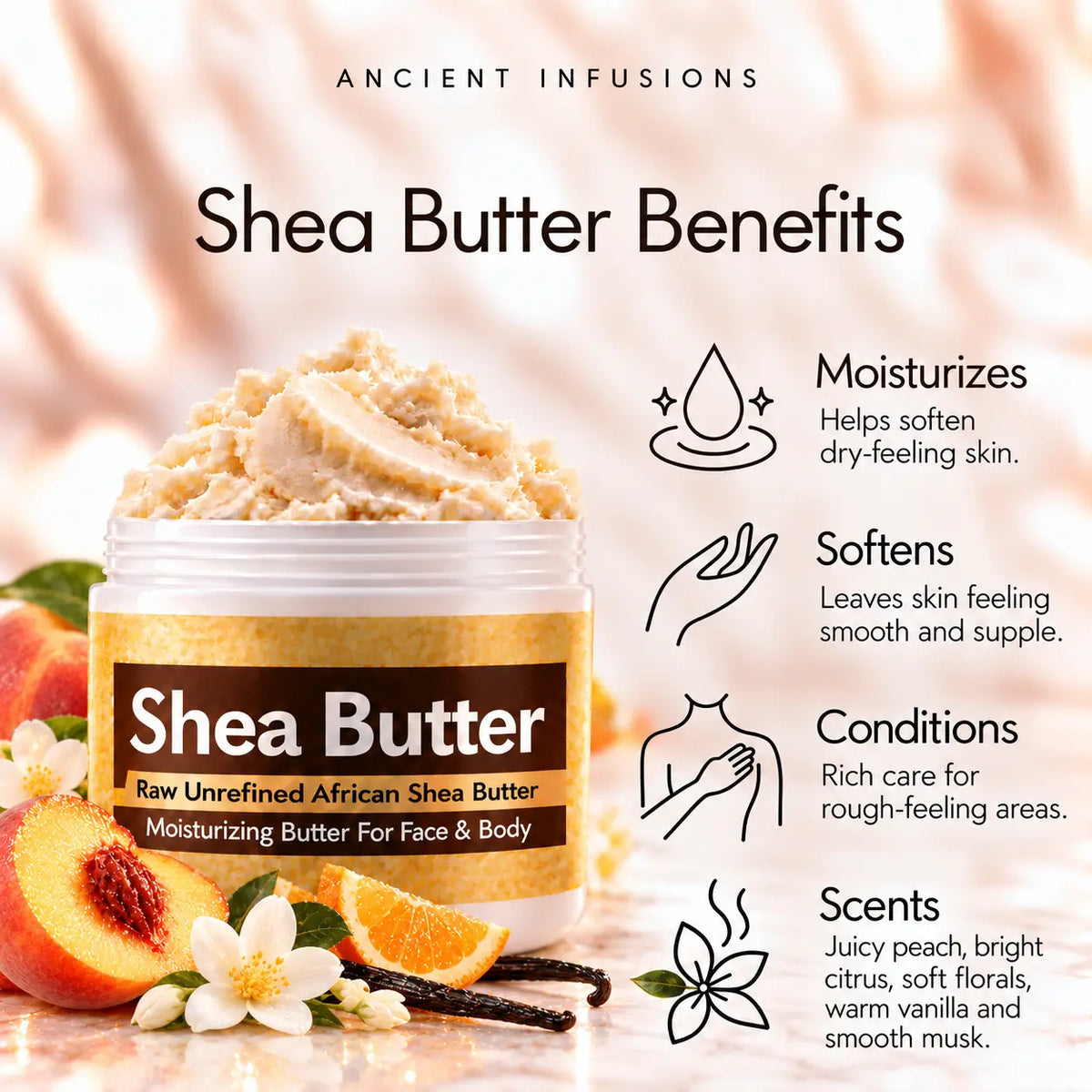 Peach Fantasy shea butter benefits: moisturizes, softens, conditions and scents skin.