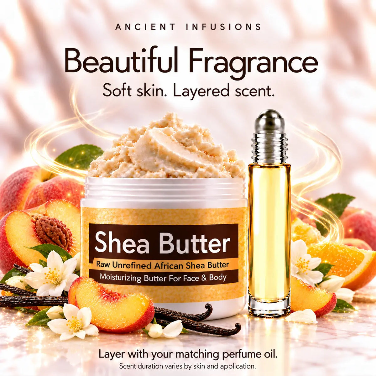 Layer Peach Fantasy shea butter with matching perfume oil for soft skin and layered scent.