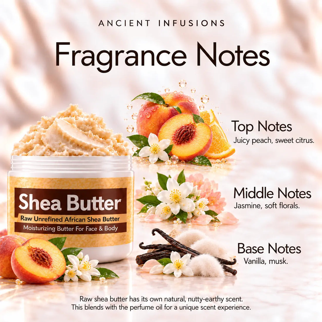 Peach Fantasy Shea Butter in an open white jar with textured ivory shea butter and simple scent accents on a soft cream background.
