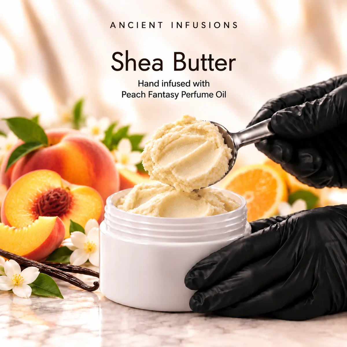 Peach Fantasy shea butter hand infused with concentrated perfume oil.