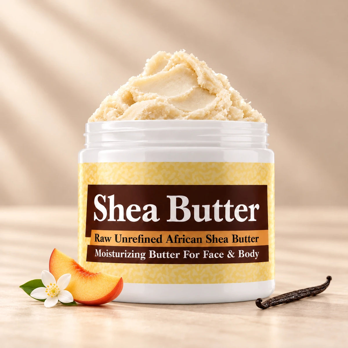 Peach Fantasy Shea Butter in an open white jar with textured ivory shea butter and simple scent accents on a soft cream background.