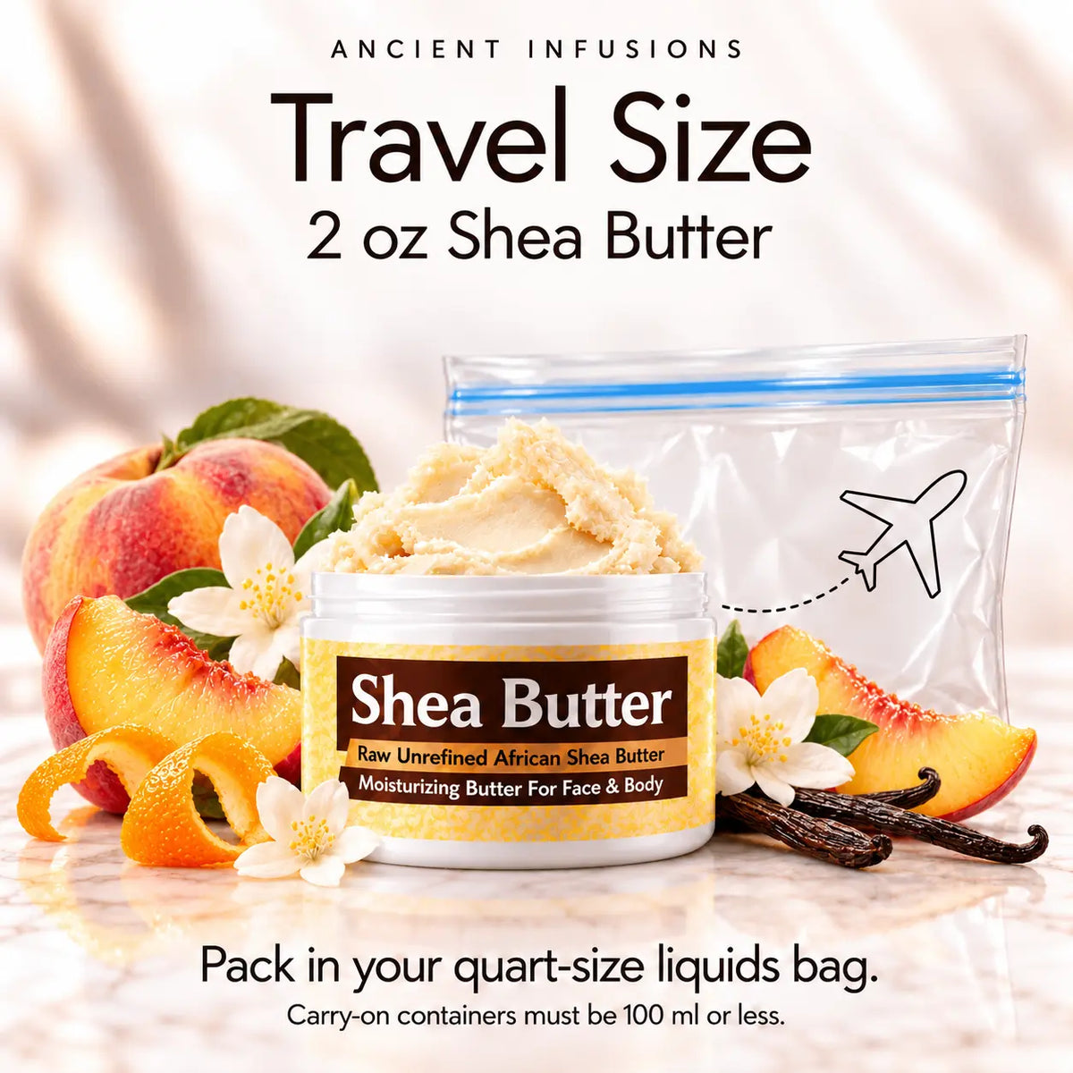 Peach Fantasy shea butter in the 2 oz travel size with quart-size liquids bag.