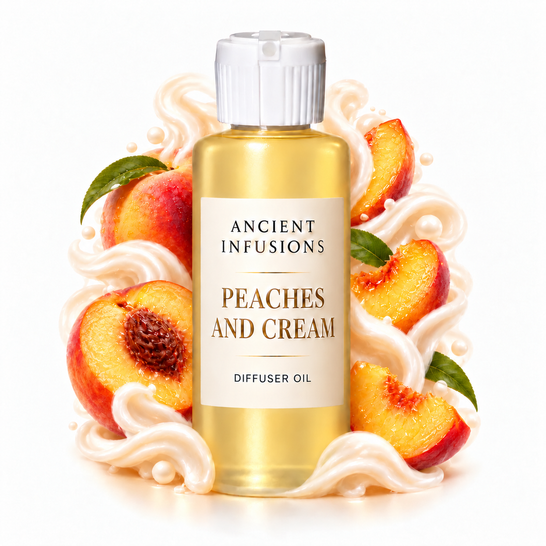 Peaches and Cream Diffuser Oil by Ancient Infusions in a golden oil bottle with scent artwork