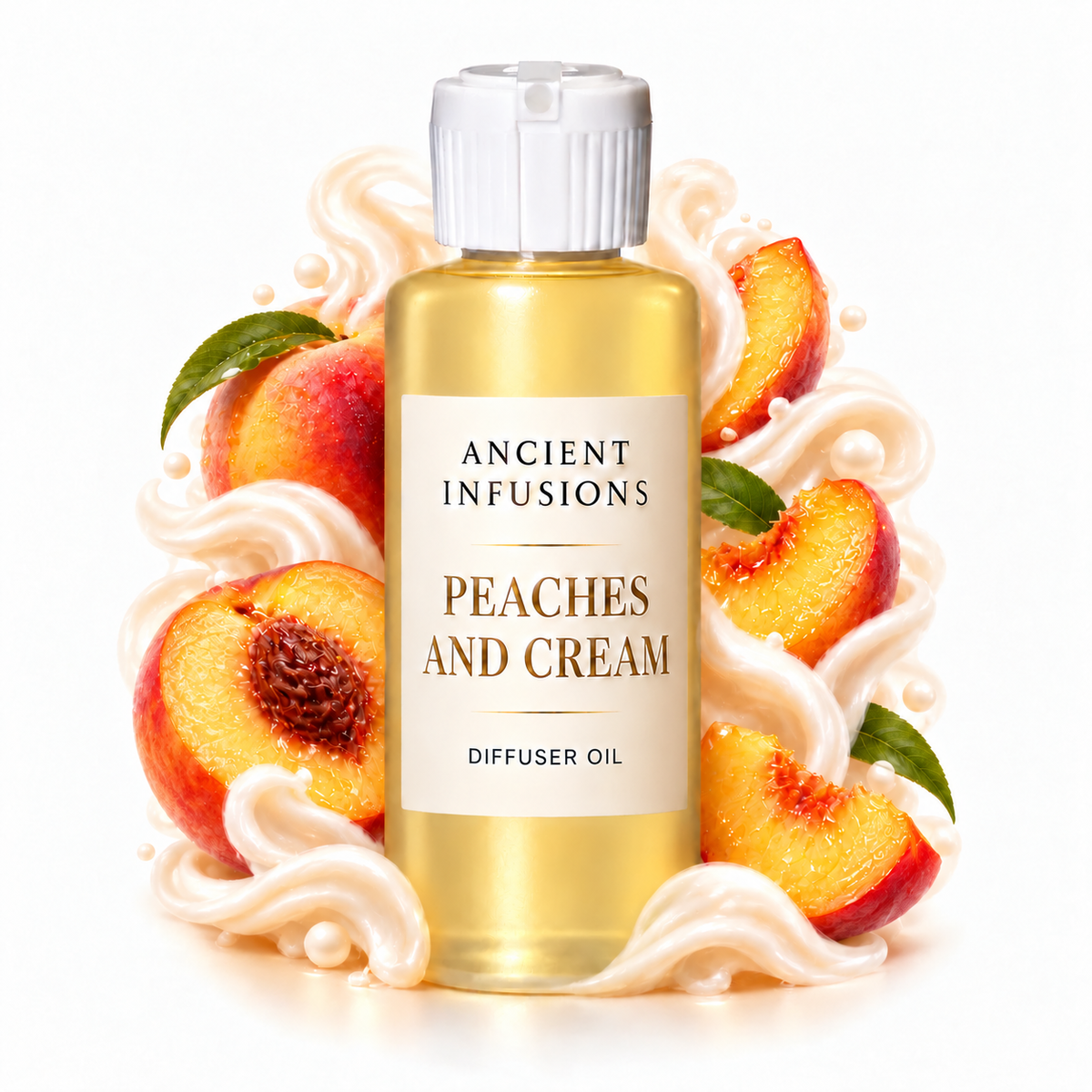 Peaches and Cream Diffuser Oil by Ancient Infusions in a golden oil bottle with scent artwork