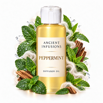 Peppermint Diffuser Oil by Ancient Infusions with golden oil, white cap and matching scent artwork