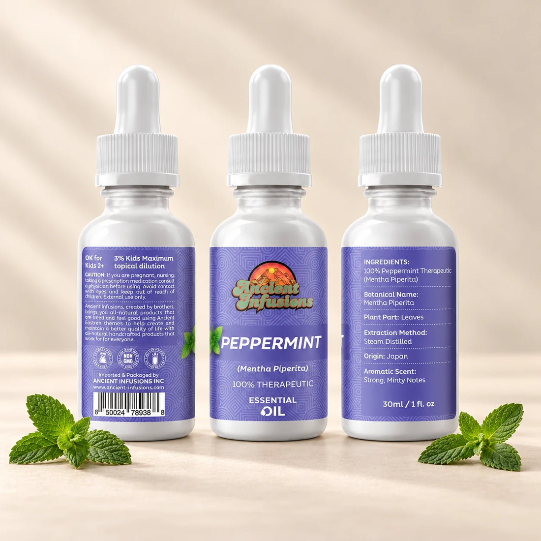 Ancient Infusions Peppermint Essential Oil bottle with botanicals on a soft ivory background.