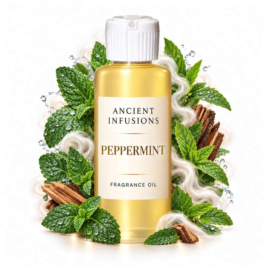 Peppermint fragrance oil by Ancient Infusions, with pale yellow oil and a tight halo representing fresh peppermint, spearmint, soft woods.