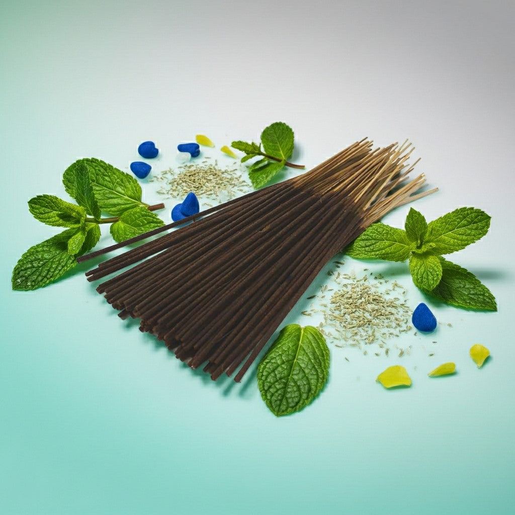 Peppermint Incense Sticks with a red ribbon on a light blue background with green leaves and pink spherical objects.