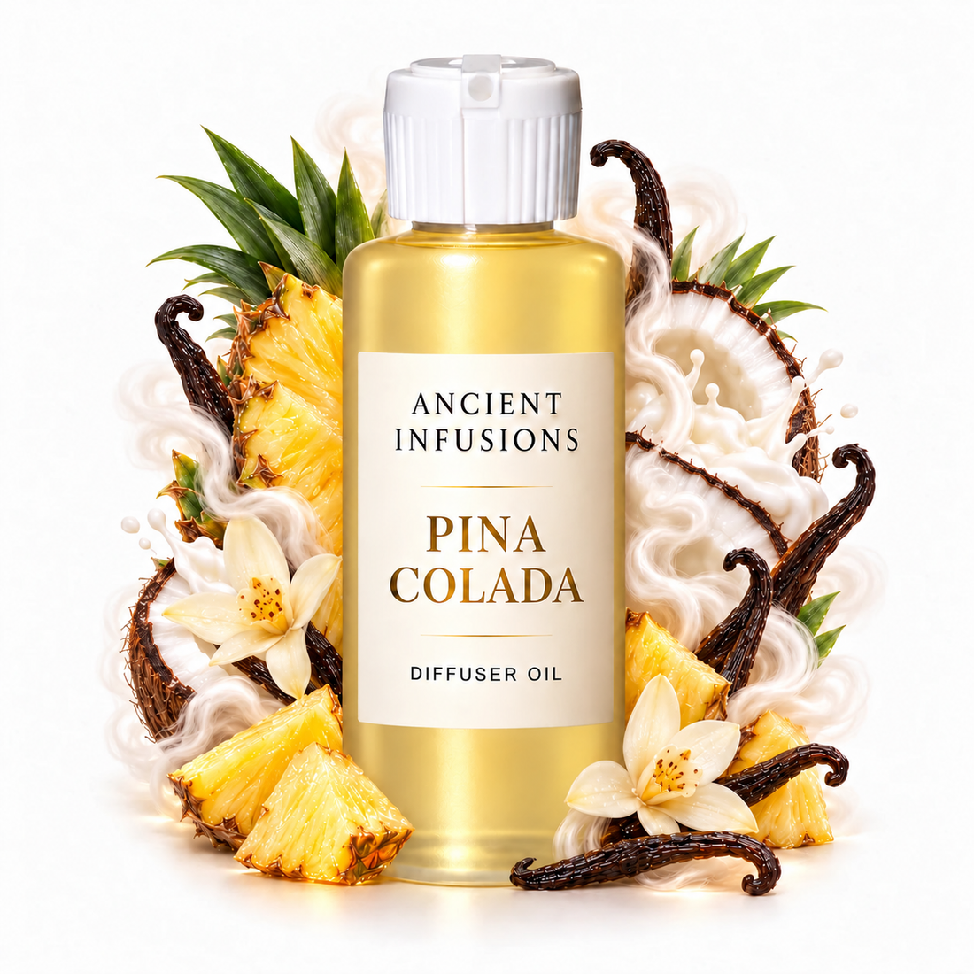 Pina Colada Diffuser Oil by Ancient Infusions with golden oil, white cap and matching scent artwork