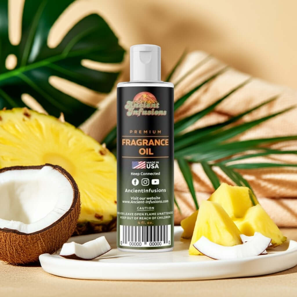 Pina Colada Fragrance Oil bottle surrounded by fresh pineapple and coconut, evoking a tropical, creamy aroma for summer vibes.