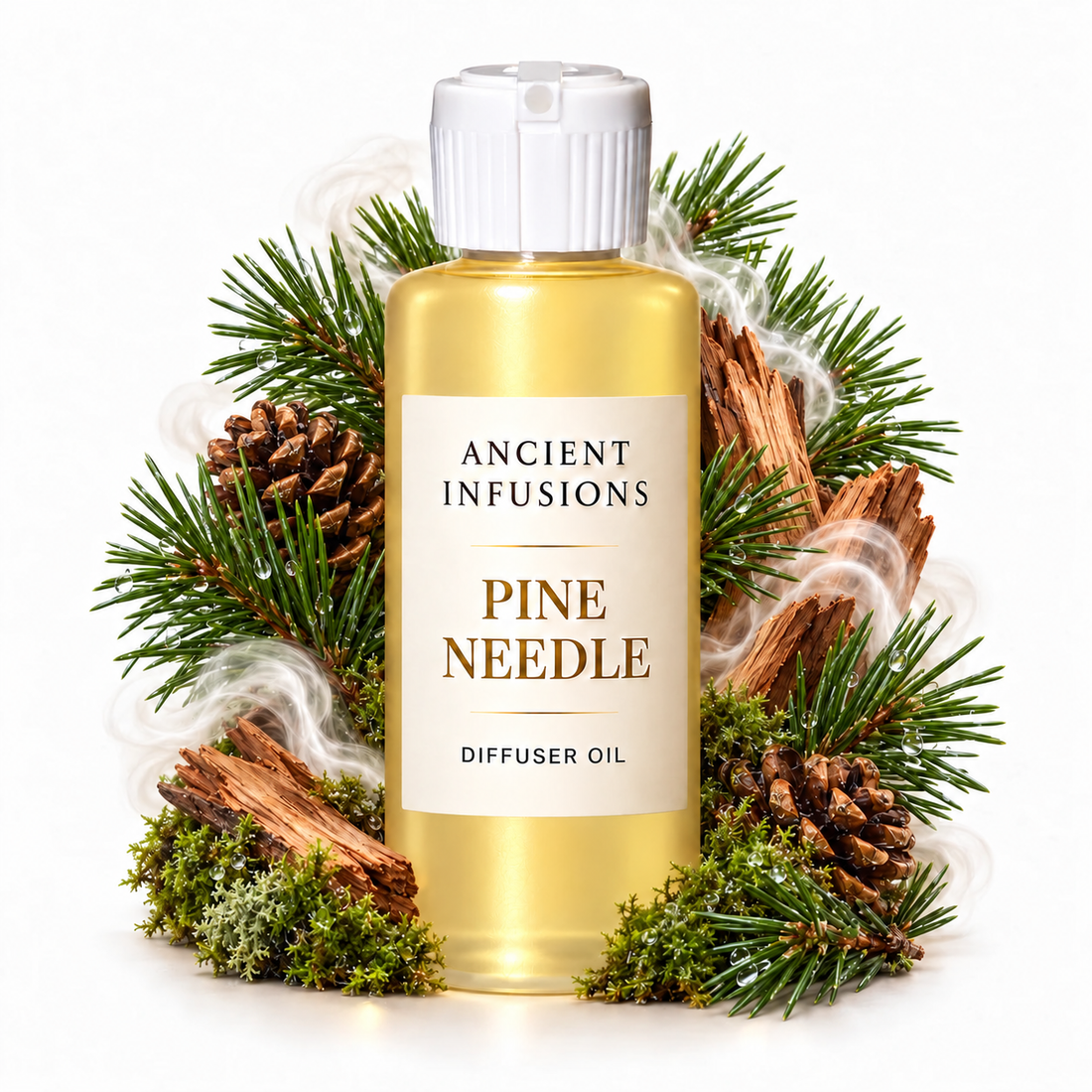 Pine Needle Diffuser Oil by Ancient Infusions with golden oil, white cap and matching scent artwork