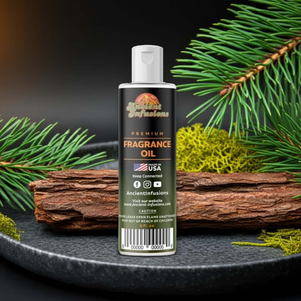 Pine Needle Fragrance Oil bottle with fresh pine needles and wood, showcasing its pure, grounding evergreen essence.